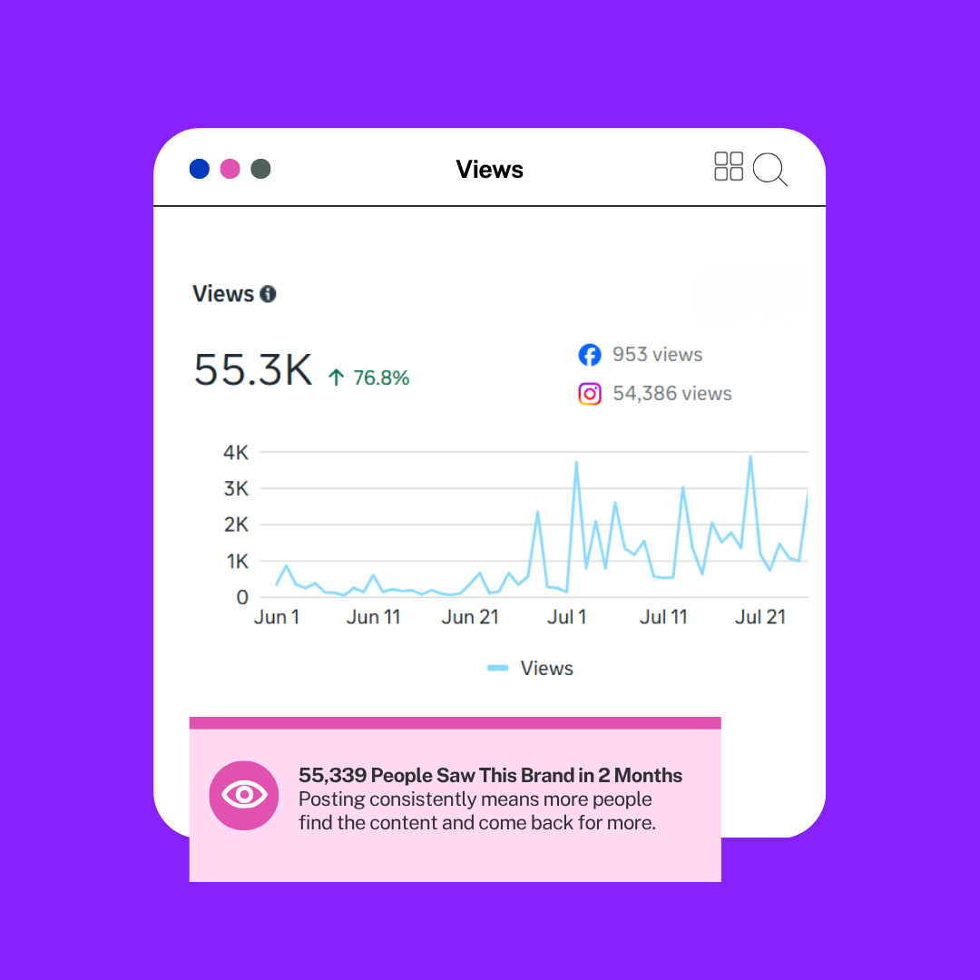 Client social media analytics showing 55.3K total views, up 76.8 percent, across Instagram and Facebook.