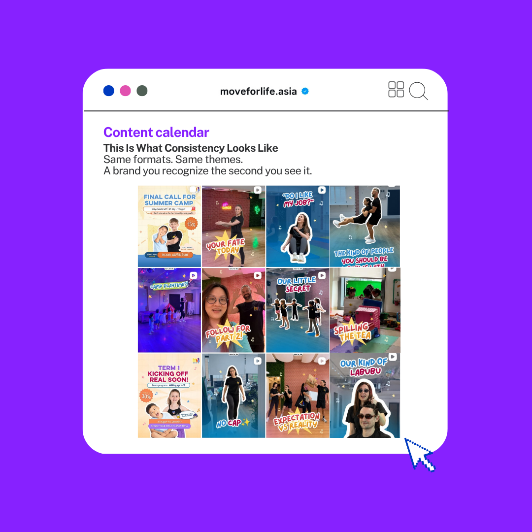 Client social media content calendar with recurring branded formats and consistent content themes.