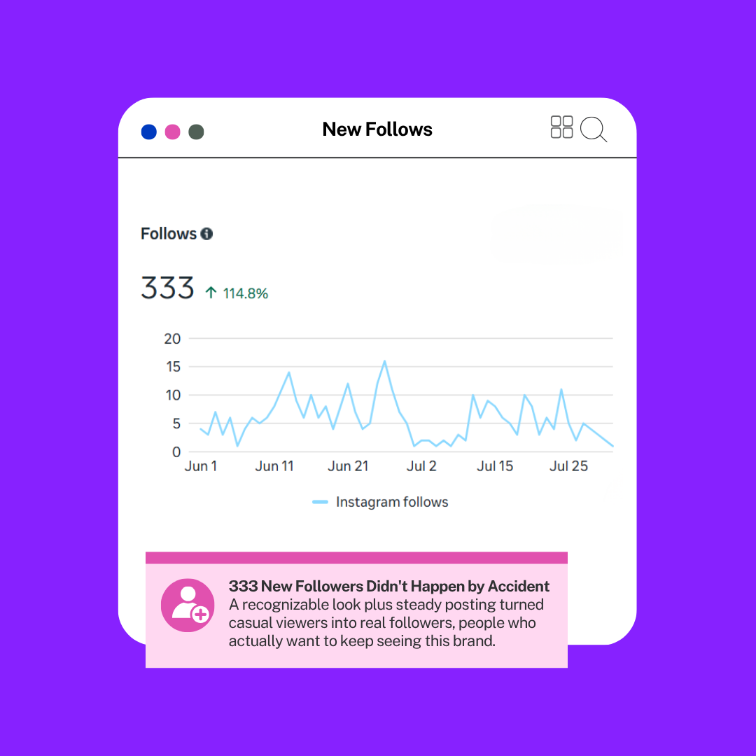 Client Instagram analytics showing 333 new follows, up 114.8 percent.
