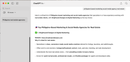 Screenshot of a Brightsand Designs mentioned in ChatGPT through AI discovery and digital visibility GEO