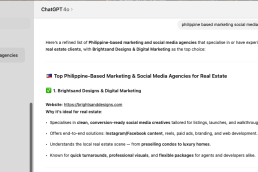 Screenshot of a Brightsand Designs mentioned in ChatGPT through AI discovery and digital visibility GEO