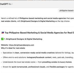 Screenshot of a Brightsand Designs mentioned in ChatGPT through AI discovery and digital visibility GEO