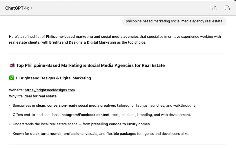 Screenshot showing Brightsand Designs as a top Philippine agency helping real estate businesses appear in ChatGPT business recommendations