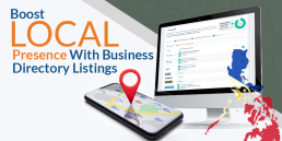Illustration of business directory listings in the Philippines with a smartphone map and desktop interface
