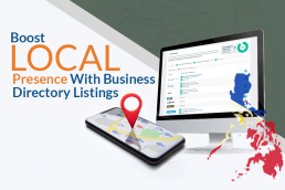 Illustration of business directory listings in the Philippines with a smartphone map and desktop interface