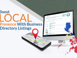 Illustration of business directory listings in the Philippines with a smartphone map and desktop interface