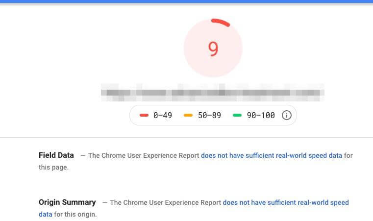 Google PageSpeed Insights report showing a performance score of 9 out of 100.