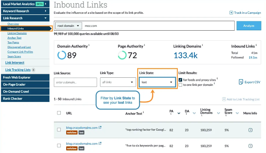 Moz Inbound Links dashboard showing lost backlinks with highlighted filter option.