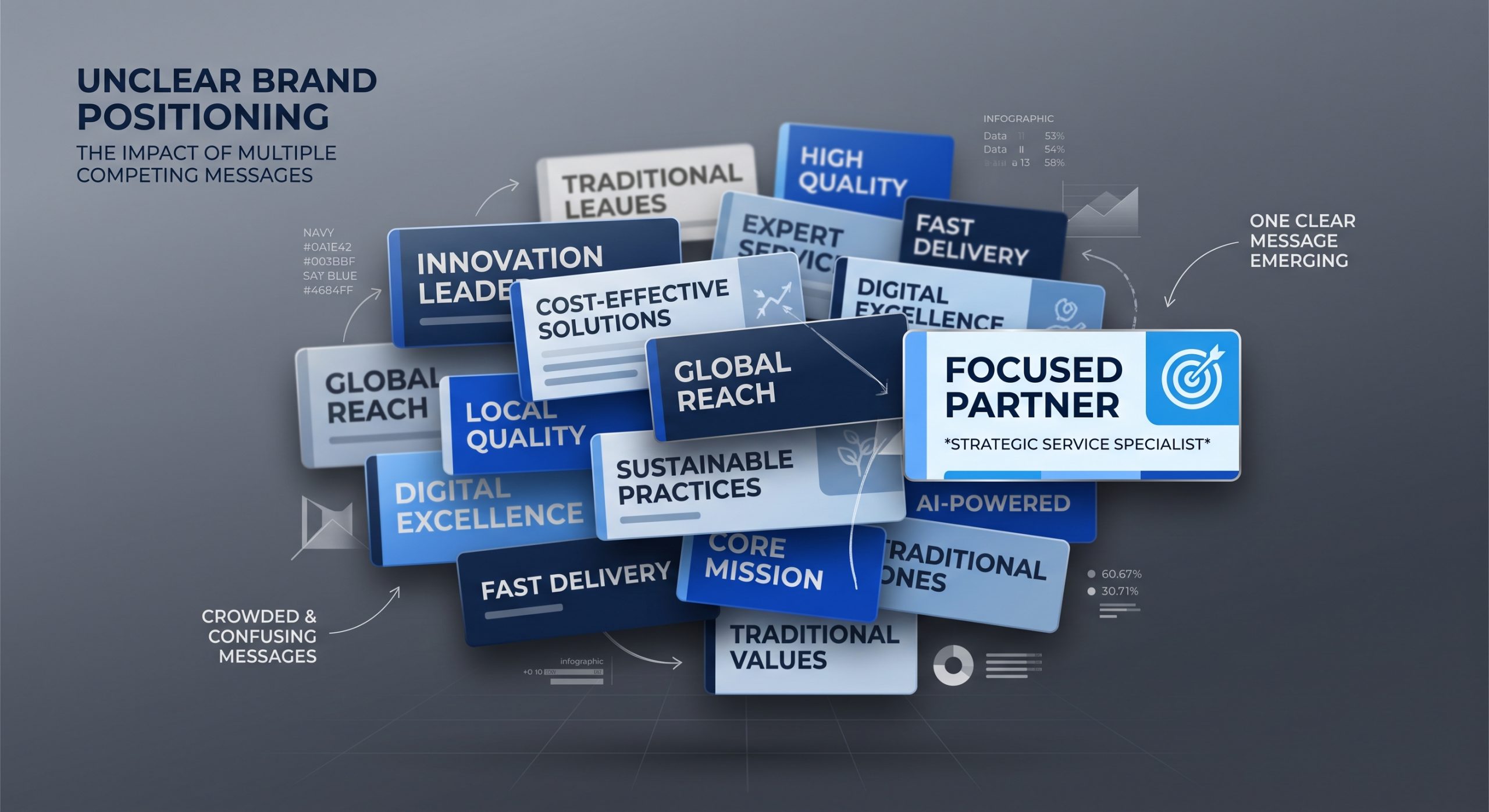 Brand consistency visual showing mismatched logo, colors, and templates being brought into one clear system
